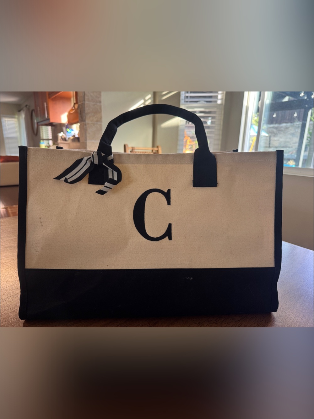 Canvas Tote Bag in Black and Cream – Monogram Accent